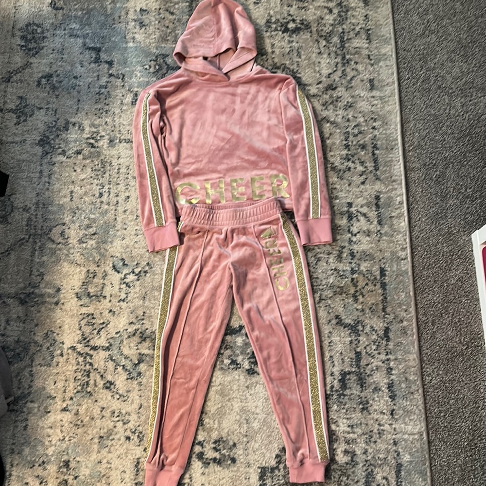 Like New! Girls Justice pink velour CHEER track suit, top Sz 8, pants Sz 7
